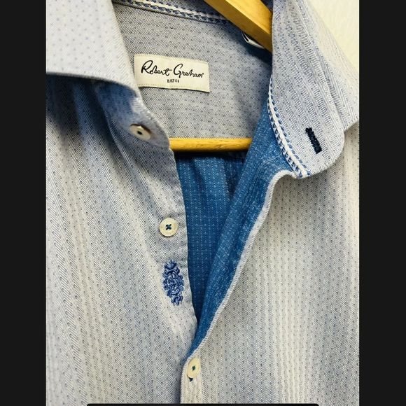 ROBERT GRAHAM Light Blue White Pattern Mens Button Down Shirt 41/16 - Picture 2 of 6